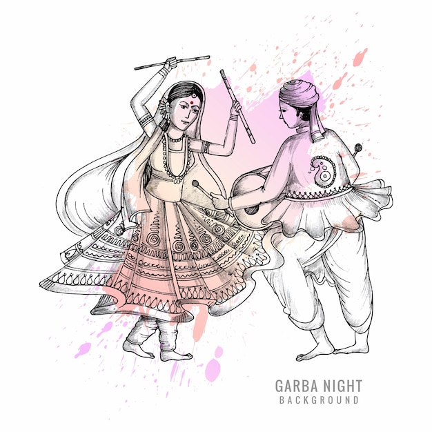 Vector gratuito hermosa pareja tocando dandiya en discoteca garba night sketch background