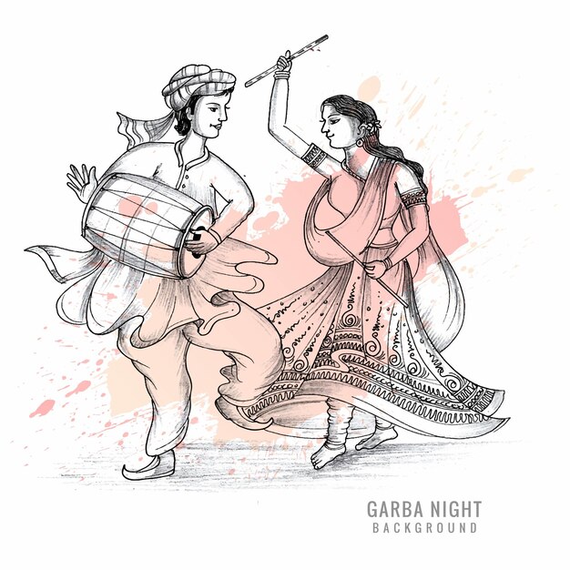 Hermosa pareja tocando dandiya en discoteca garba night sketch background