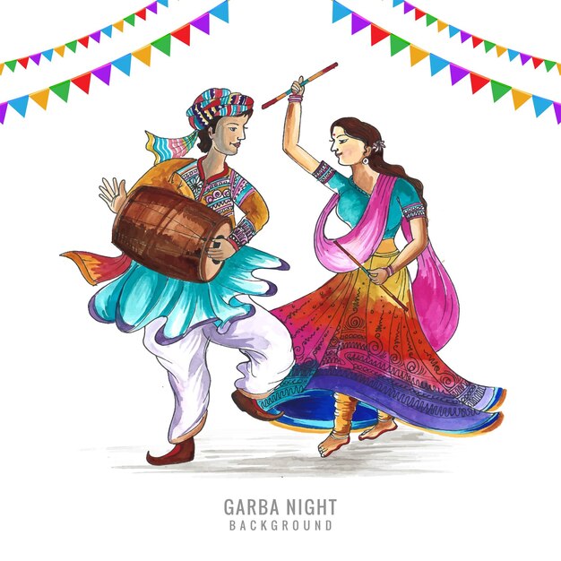 Hermosa pareja tocando dandiya en el fondo de la noche discoteca garba