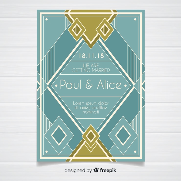 Vector gratuito hermosa plantilla de boda con concepto art deco