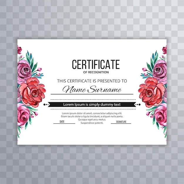 Hermosa plantilla de certificado de flores para diseño de diploma de logros
