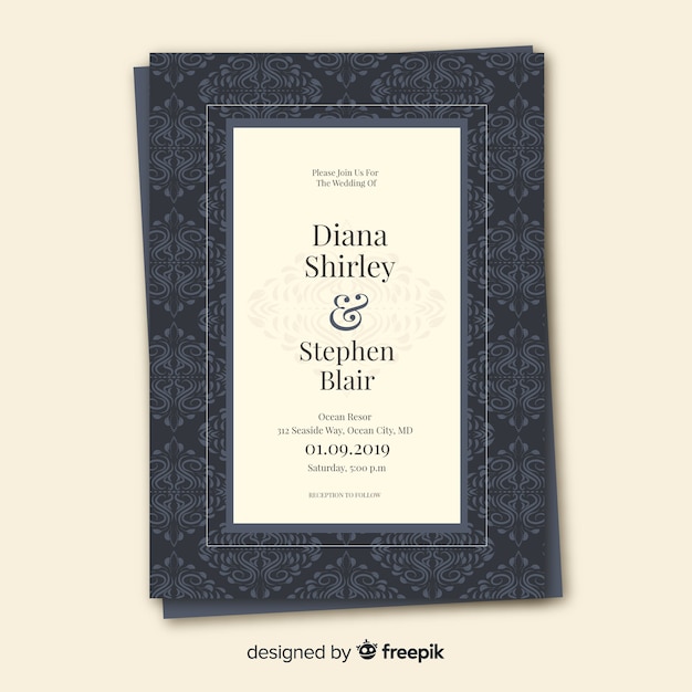 Hermosa plantilla de invitación de boda de damasco