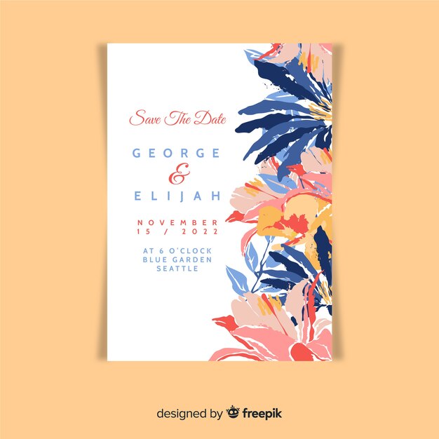 Hermosa plantilla de invitación de boda floral pintada a mano