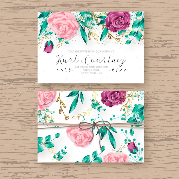 Vector gratuito hermosa plantilla de tarjeta de boda con marco floral realista