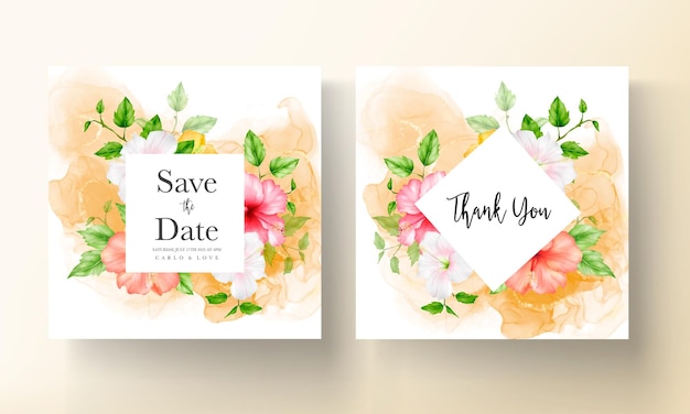 Hermosa plantilla de tarjeta de invitación de boda de flor de hibisco acuarela