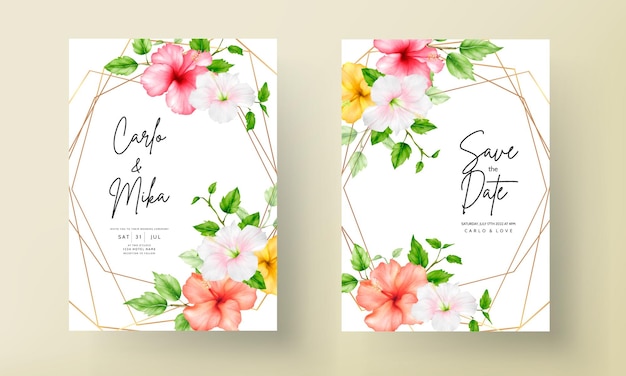 Vector gratuito hermosa plantilla de tarjeta de invitación de boda de flor de hibisco acuarela