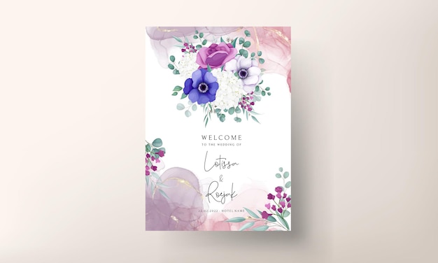 Vector gratuito hermosa plantilla de tarjeta de invitación de boda de flor de rosa y anémona