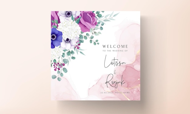 Vector gratuito hermosa plantilla de tarjeta de invitación de boda de flor de rosa y anémona