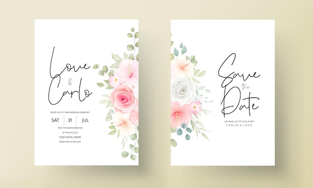 Vector gratuito hermosa plantilla de tarjeta de invitación de boda floral dibujada a mano