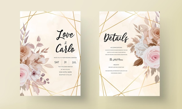 Vector gratuito hermosa plantilla de tarjeta de invitación floral marrón