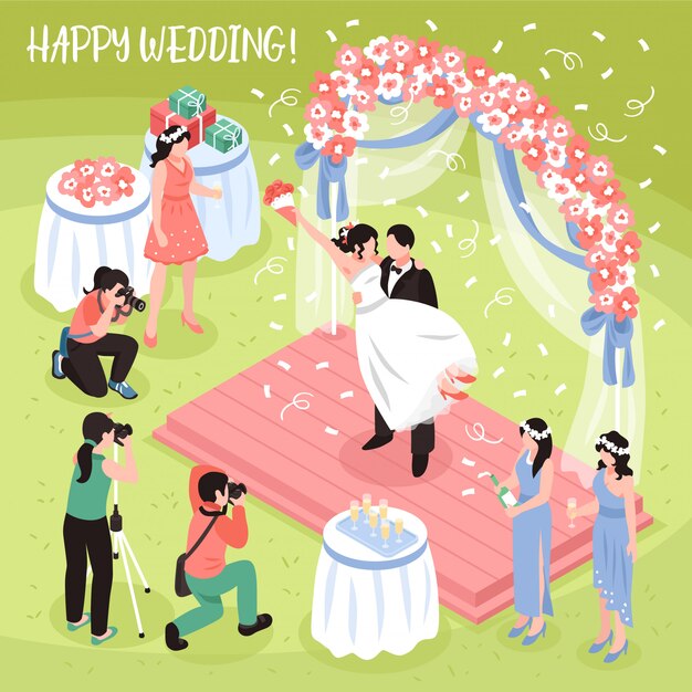 Hermosa sesión de fotos de boda y tres fotógrafos profesionales, ilustración isométrica