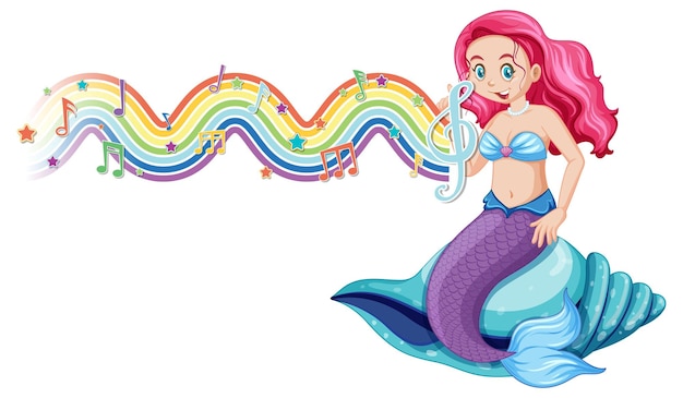 Vector gratuito hermosa sirena con símbolos de melodía en arco iris