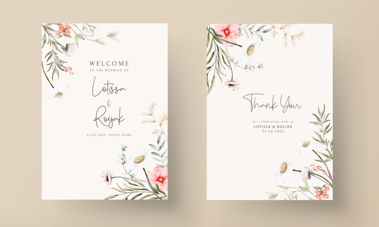 hermosa tarjeta de invitación de boda de acuarela con flor elegante y follaje diminuto