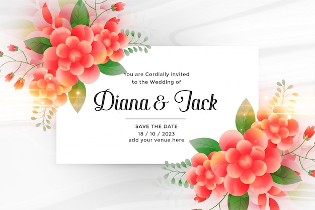 Hermosa tarjeta de invitación de boda con decoración de flores.