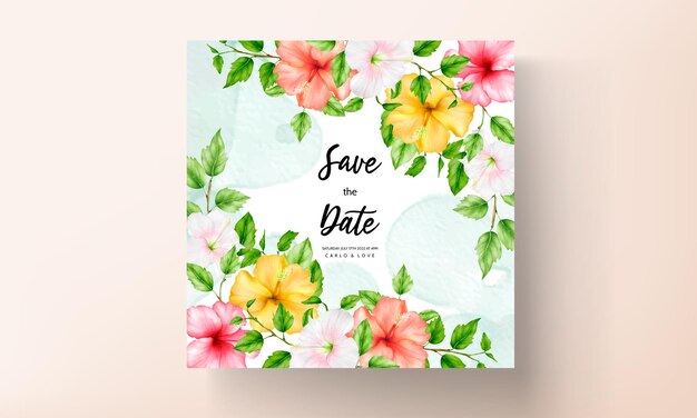 Hermosa tarjeta de invitación de boda de flor de hibisco acuarela