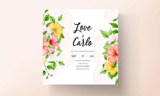 Hermosa tarjeta de invitación de boda de flor de hibisco acuarela
