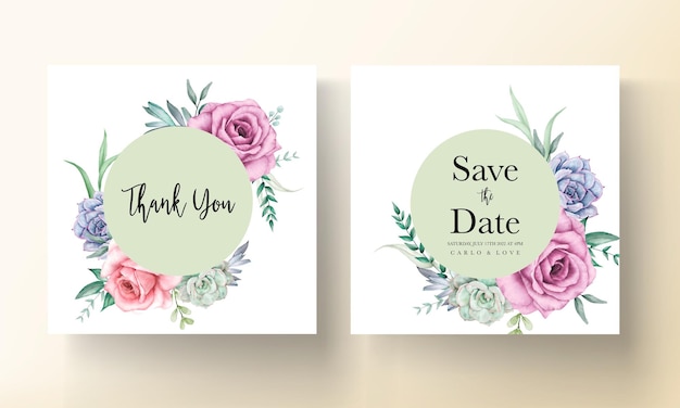Vector gratuito hermosa tarjeta de invitación de boda floral acuarela con rosas y suculentas