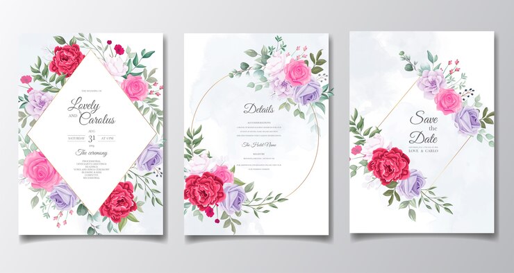 Hermosa tarjeta de invitación de boda floral y hojas