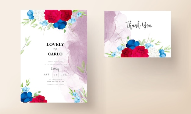 Hermosa tarjeta de invitación de boda de flores granate y azul marino