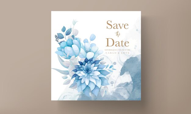 hermosa tarjeta de invitación de boda con flores y hojas azules