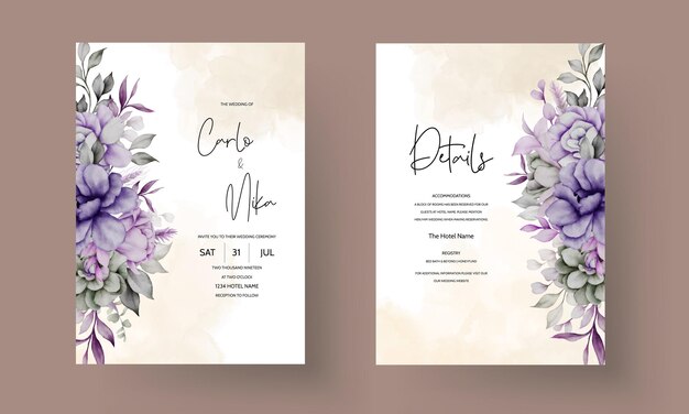 hermosa tarjeta de invitación de flores gris y púrpura