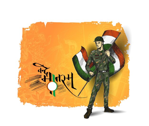 Hermosa tipografía de Vande Matram con mano de hombres sosteniendo la bandera india el día de la República de India el 26 de enero.