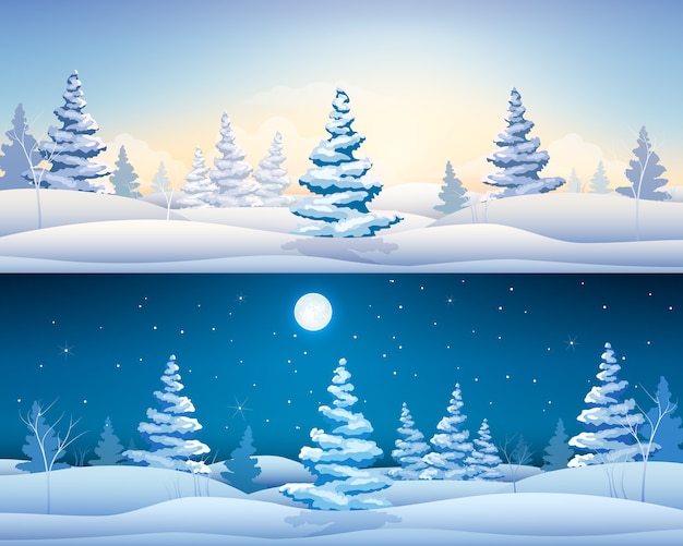 Hermosas pancartas horizontales de invierno con abetos nevados de paisaje de hadas durante el día y la noche