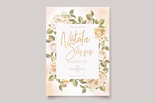 hermosas rosas flores y hojas conjunto de tarjetas de invitación de boda