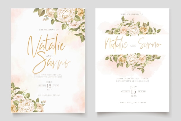 hermosas rosas flores y hojas conjunto de tarjetas de invitación de boda