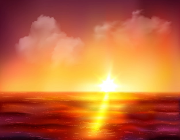 Hermoso amanecer sobre el océano con sol dorado y ondas rojo oscuro