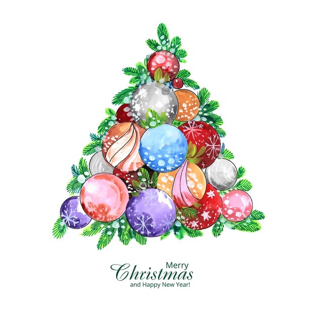 Hermoso árbol de navidad artístico y diseño de tarjeta de bolas decorativas