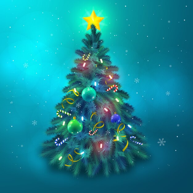 Hermoso árbol de navidad decorado con adornos de estrellas y luces de fondo ilustración vectorial plana