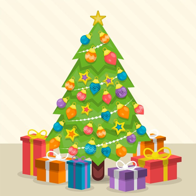 Hermoso árbol de navidad en diseño plano