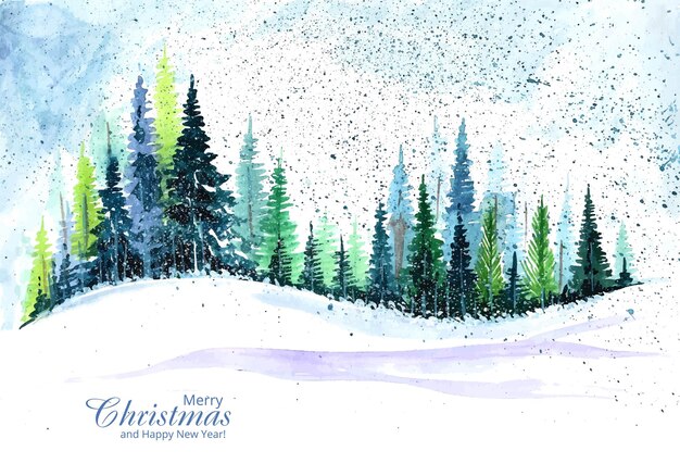 Hermoso árbol de navidad en el fondo de la tarjeta de paisaje de invierno