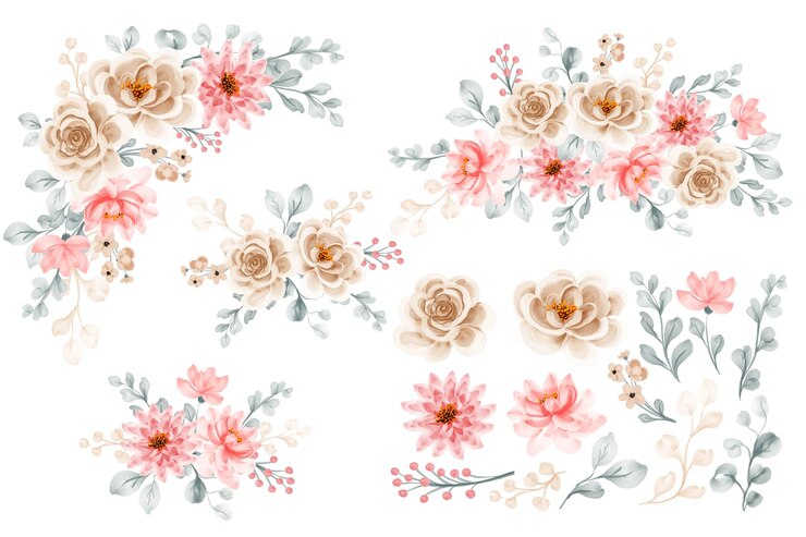 Vector gratuito hermoso, arreglo floral, con, flor, hoja, aislado clipart