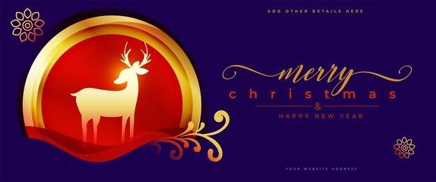 Hermoso banner de celebración de feliz navidad con vector de diseño de ciervo dorado