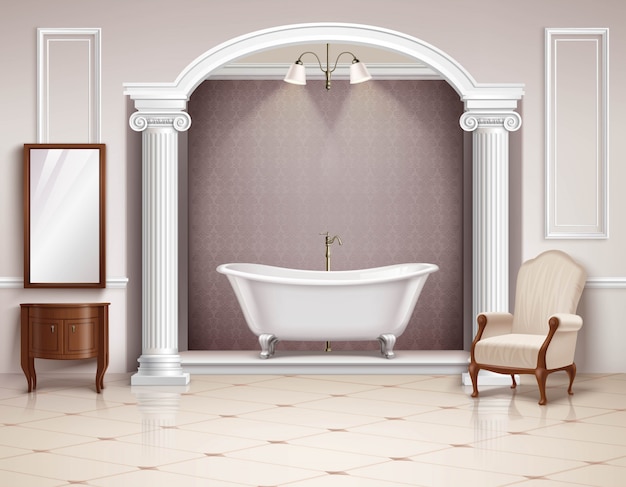 Hermoso baño lujoso interior con columnas victorianas y muebles.