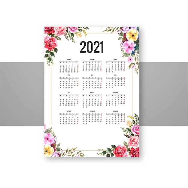 Hermoso calendario 2021 con diseño de plantilla floral decorativa