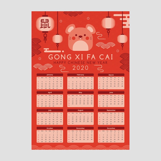 Hermoso calendario del año nuevo chino en diseño plano