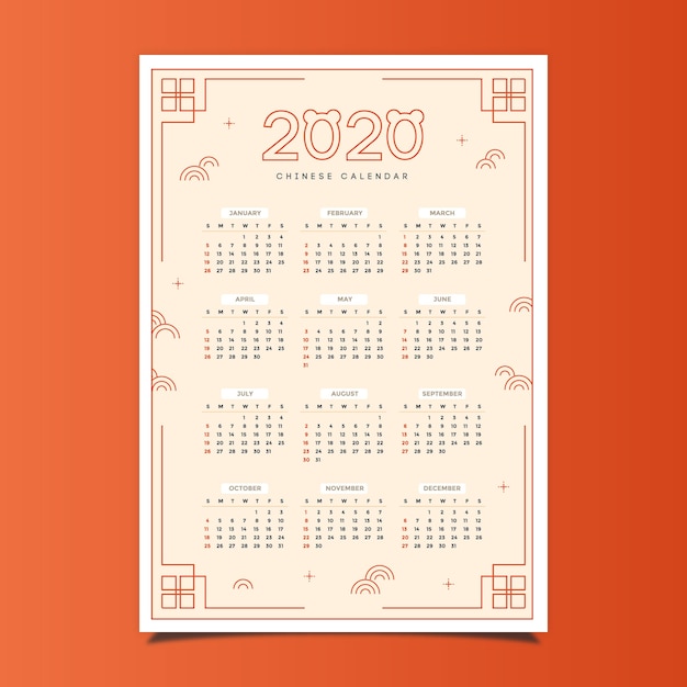 Hermoso calendario del año nuevo chino en diseño plano