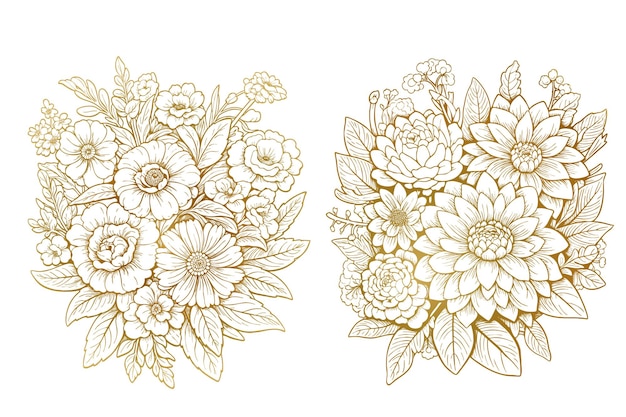 Un hermoso conjunto de bocetos florales dorados decorativos