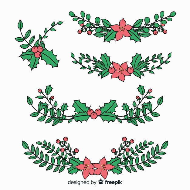 Hermoso conjunto de flores y guirnaldas de navidad dibujados a mano