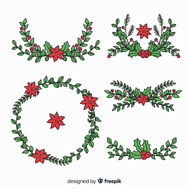 Hermoso conjunto de flores y guirnaldas de navidad dibujados a mano