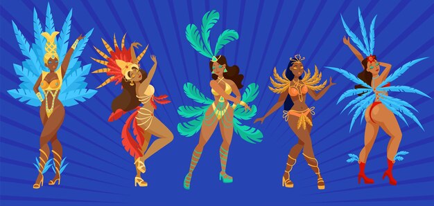 Hermoso conjunto de ilustración de dibujos animados de bailarines de samba. Niñas con disfraces de carnaval bailando en un desfile en Río, Brasil. Personas femeninas sobre fondo azul. Hobby, fiesta, concepto de entretenimiento.