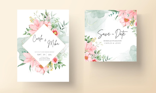 Vector gratuito hermoso conjunto de tarjetas de invitación de boda floral acuarela