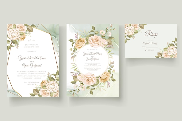 Vector gratuito hermoso conjunto de tarjetas de invitación de boda con rosas dibujadas a mano