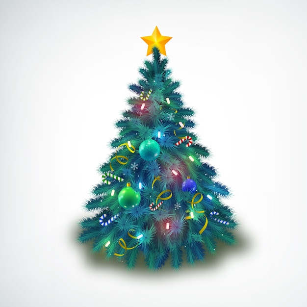 Hermoso decorado con adornos y estrellas árbol de navidad en blanco