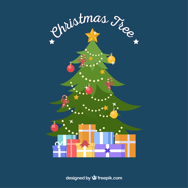 Vector gratuito hermoso decorado árbol de navidad con regalos