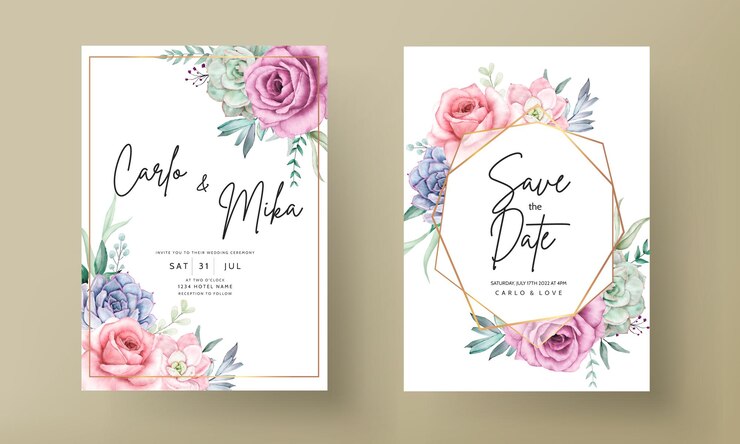 Vector gratuito hermoso dibujo a mano acuarela planta suculenta y flor rosa plantilla de invitación de boda