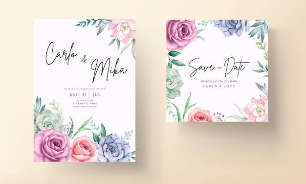 Vector gratuito hermoso dibujo a mano acuarela planta suculenta y flor rosa plantilla de invitación de boda